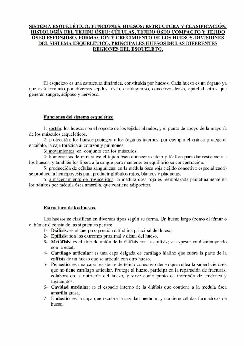 SISTEMA ESQUELÉTICO: FUNCIONES. HUESOS: ESTRUCTURA Y CLASIFICACIÓN.
HISTOLOGÍA DEL TEJIDO ÓSEO: CÉLULAS, TEJIDO ÓSEO COMPACTO Y TEJIDO
ÓSEO 