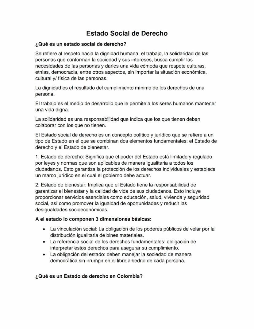 Estado Social de Derecho
¿Qué es un estado social de derecho?
Se refiere al respeto hacia la dignidad humana, el trabajo, la solidaridad de 