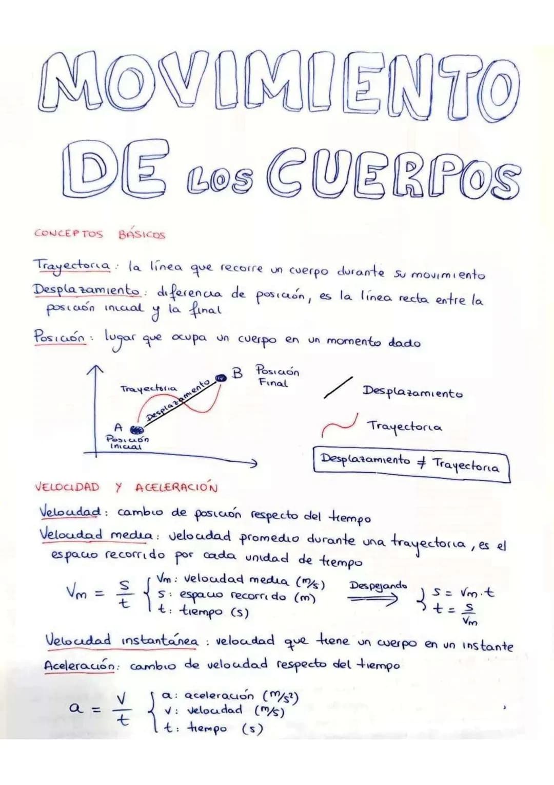 MOVIMIENTO
DE LOS CUERPOS
CONCEPTOS BÁSICOS
Trayectoria la línea que recorre un cuerpo durante su movimiento
Desplazamiento: diferencia de p