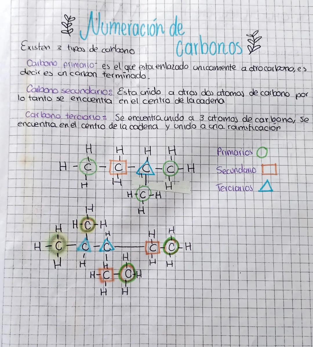 £ Numeración de
Existen 3 tipos de carbono
Carbonos
Carbono primario es el que esta enlazado unicamente a drocarbono, es
decir es on carbon 