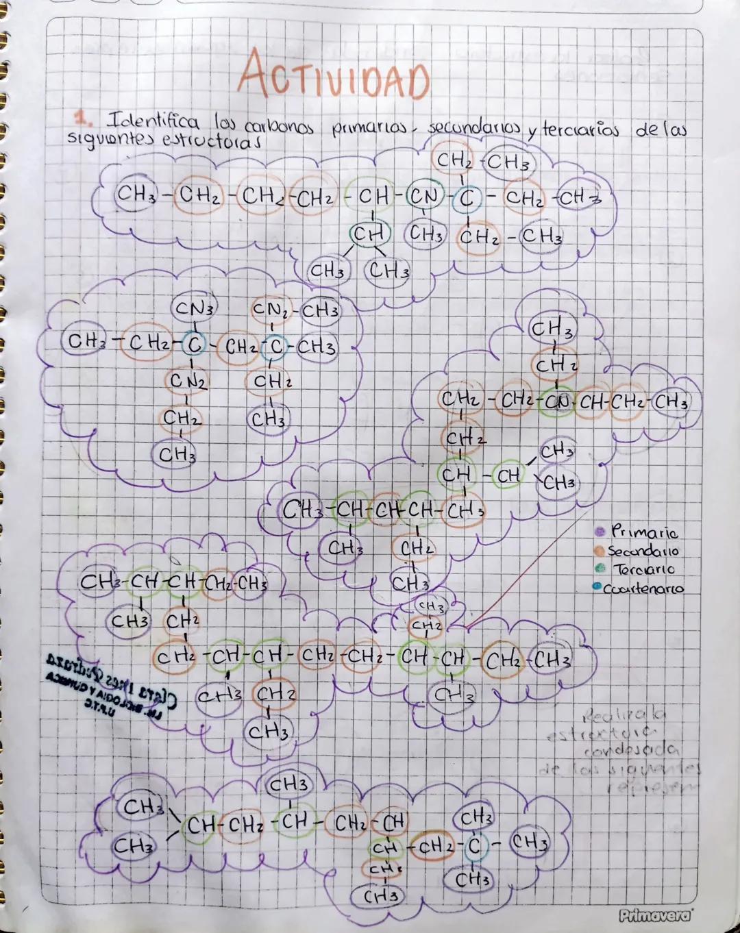 £ Numeración de
Existen 3 tipos de carbono
Carbonos
Carbono primario es el que esta enlazado unicamente a drocarbono, es
decir es on carbon 
