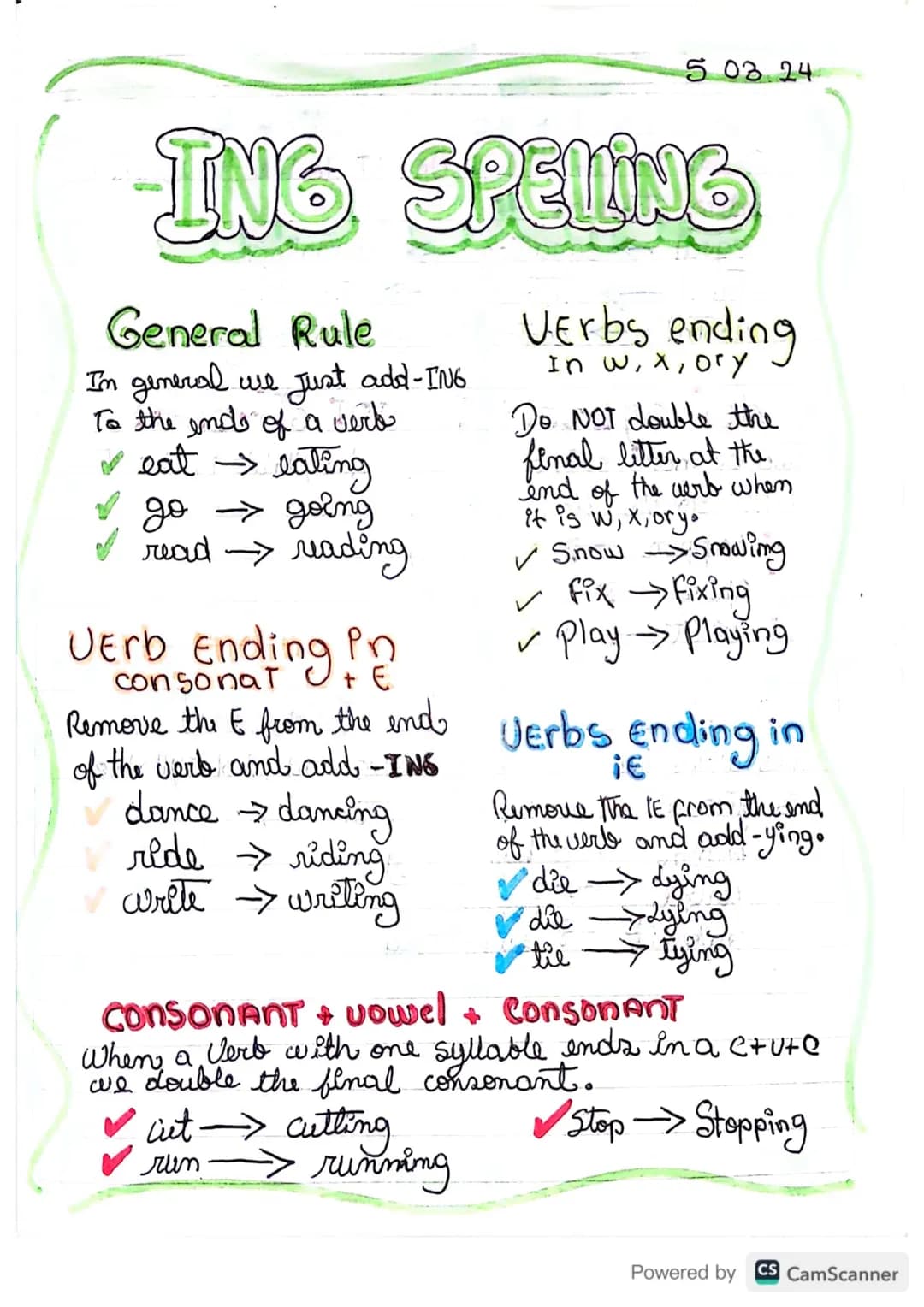 5.03.24
ING SPELING
General Rule
In general we just add-ING
To the ends of a verb
✓ eat eating
визов < ов
read → reading
UErb Ending in
cons