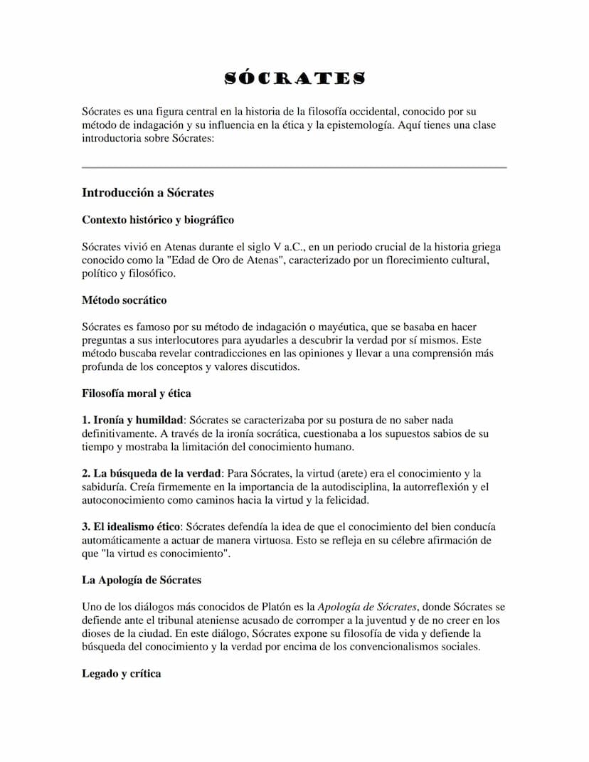 SÓCRATES
Sócrates es una figura central en la historia de la filosofía occidental, conocido por su
método de indagación y su influencia en l