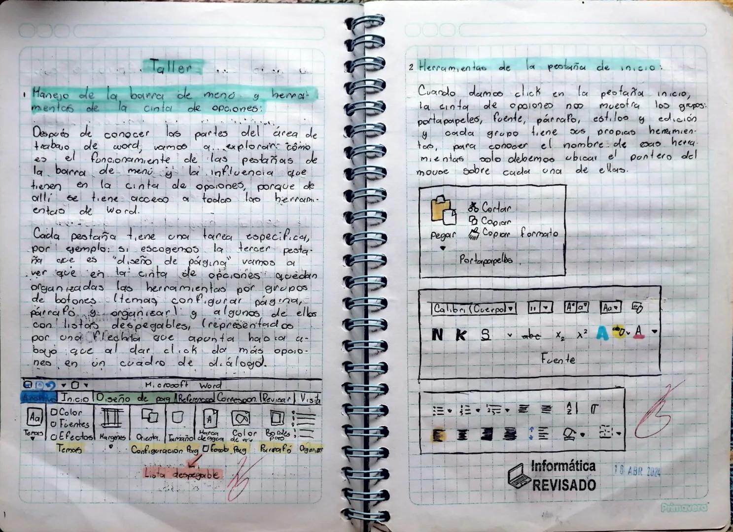 0000
Taller
Manejo de la barra de meno
mientas de
Después de
la
Cinta
conocer
g
hemat
de opciones:
.
las partes del área de
trabajo de word,