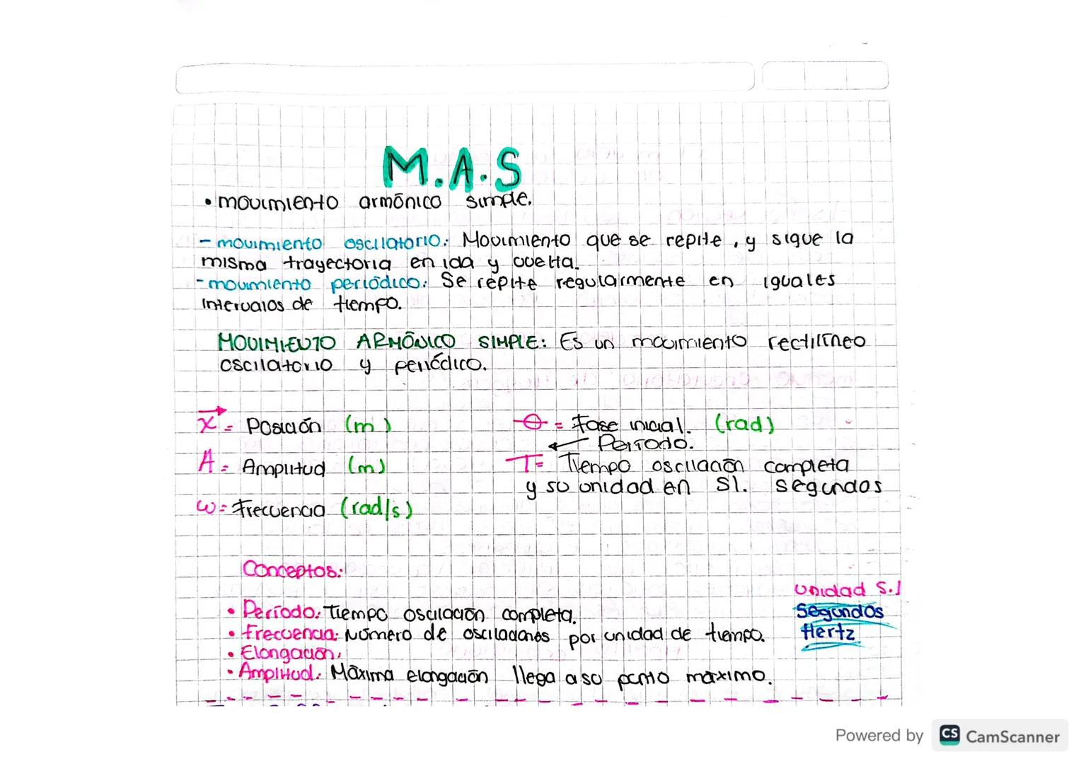 M.A.S
• movimiento armónico. Simple.
- movimiento oscilatorio: Movimiento que se repite, y sigue la
misma trayectoria en ida youelta.
- movi