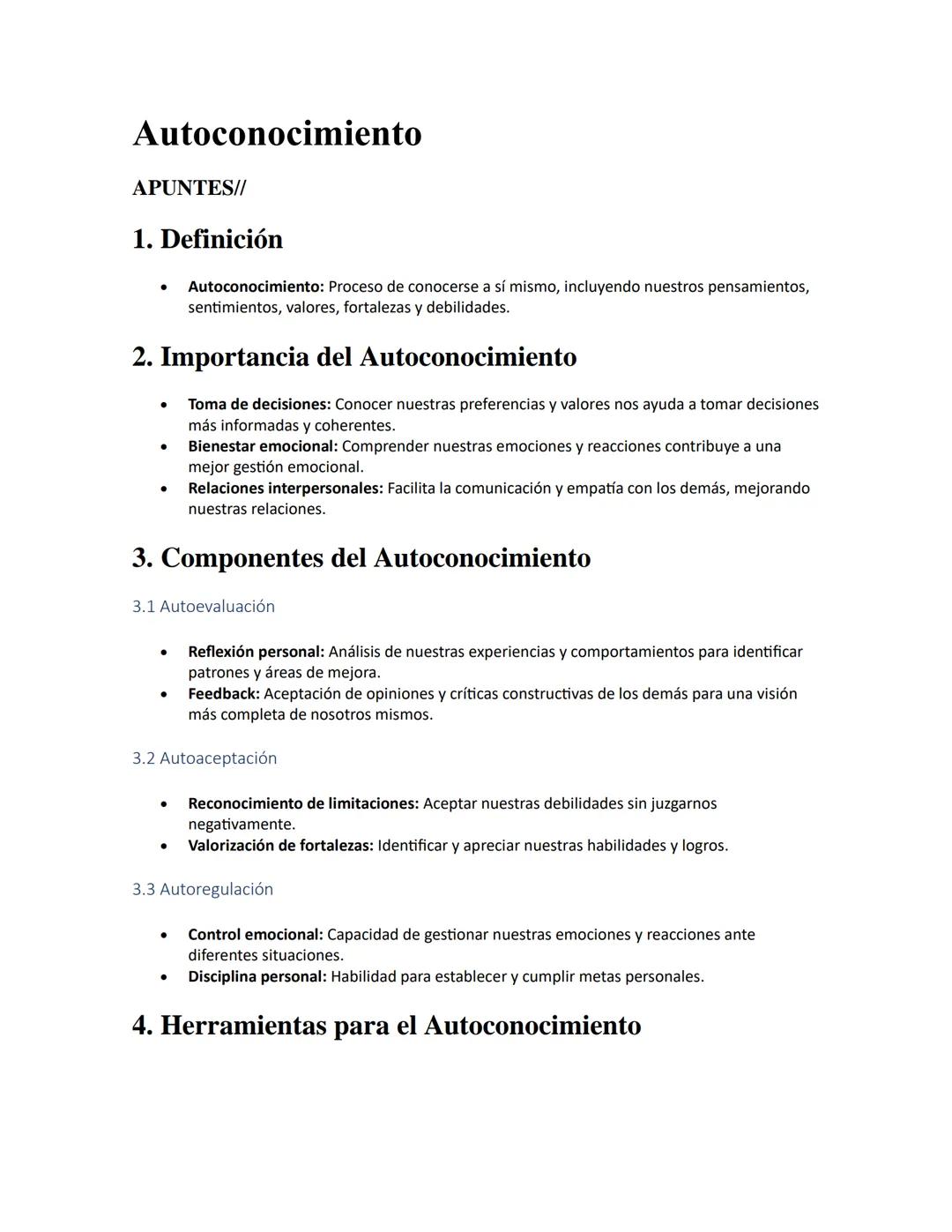 # Autoconocimiento

APUNTES//

1. Definición

- Autoconocimiento: Proceso de conocerse a sí mismo, incluyendo nuestros pensamientos,
sentimi