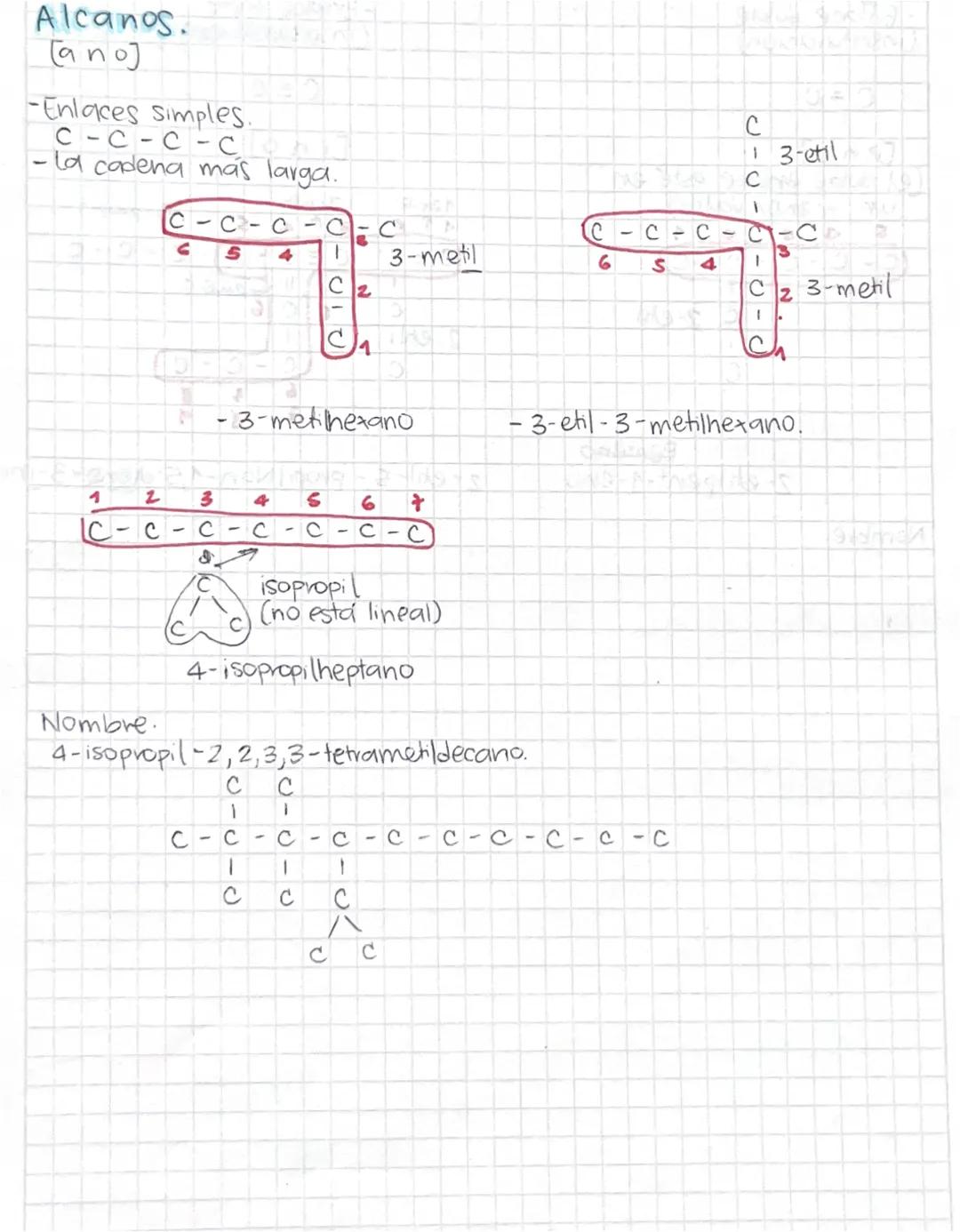Alcanos.
[ano]
-Enlaces simples.
C-c-c-C
- la cadena más larga.
C
13-etil
C
C-C-C-CC
C-C-C-C-C
८
5
4
3-metil
6
S4
C2
3
C23-metil
1-3-metilhe