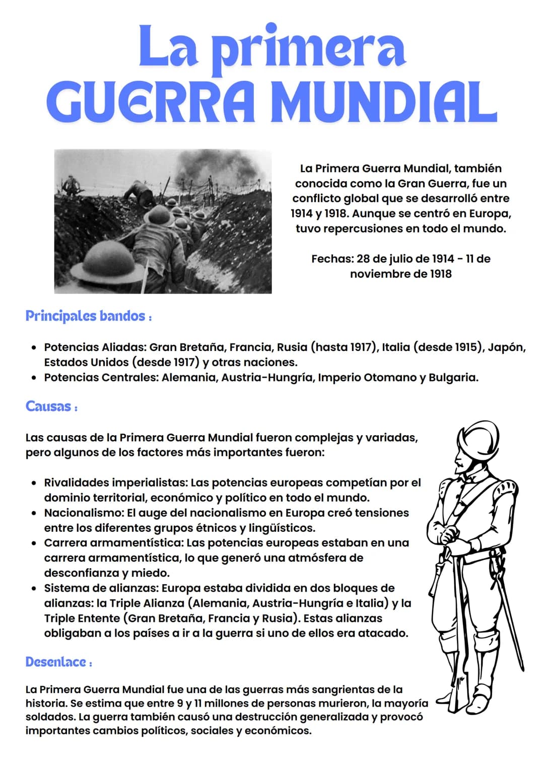 La primera
GUERRA MUNDIAL
La Primera Guerra Mundial, también
conocida como la Gran Guerra, fue un
conflicto global que se desarrolló entre
1