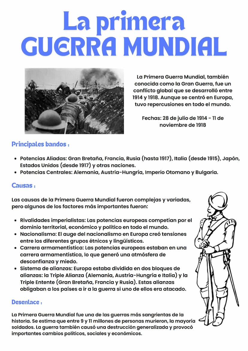 La primera
GUERRA MUNDIAL
La Primera Guerra Mundial, también
conocida como la Gran Guerra, fue un
conflicto global que se desarrolló entre
1