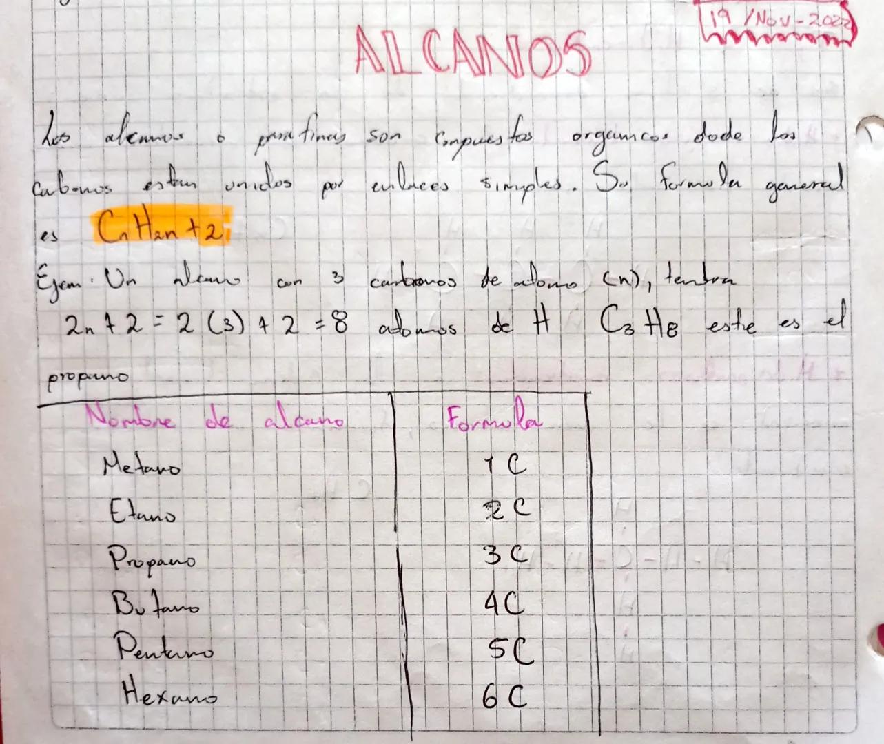 19/Nov-2022

ALCANOS

Los alemmers o from fines son compuestos orgeumcos dode los
Cabonos esten unidos por enlaces simples. Su formular game