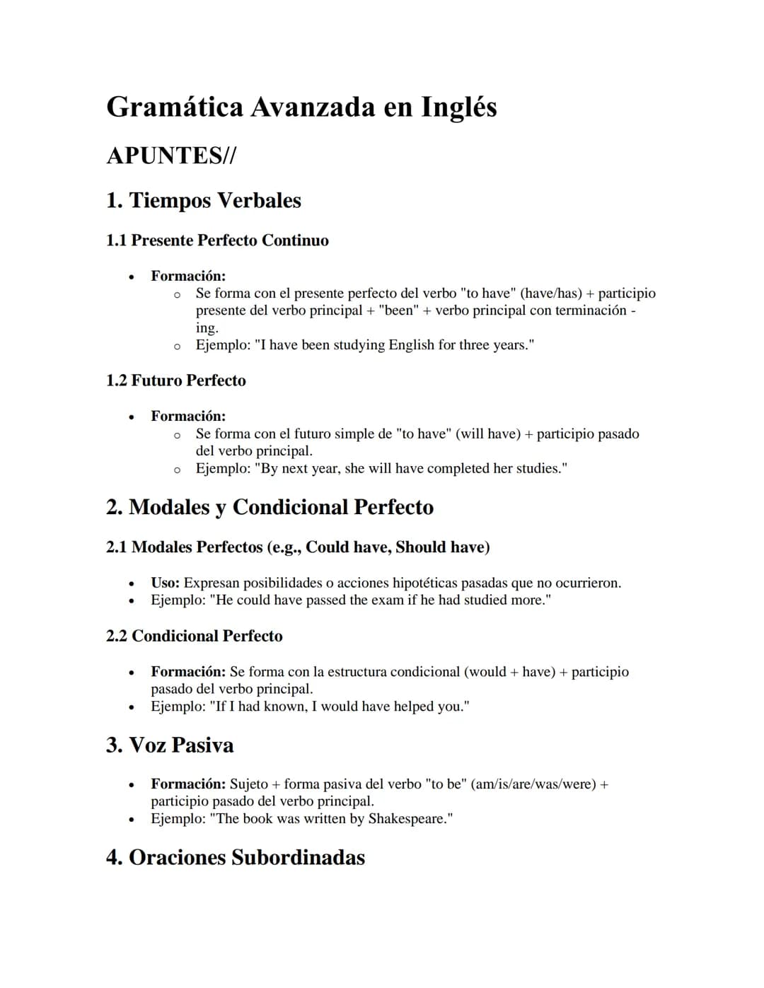 Gramática Avanzada en Inglés
APUNTES//
1. Tiempos Verbales
1.1 Presente Perfecto Continuo
•
Formación:
° Se forma con el presente perfecto d