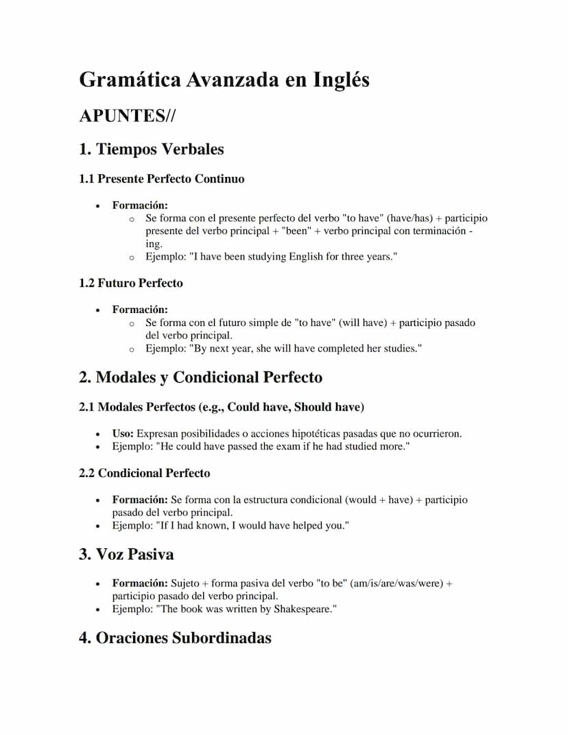 Gramática Avanzada en Inglés
APUNTES//
1. Tiempos Verbales
1.1 Presente Perfecto Continuo
•
Formación:
° Se forma con el presente perfecto d