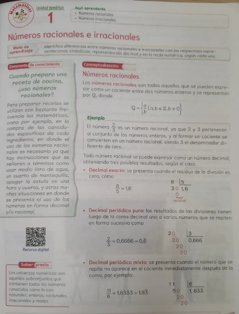 Unidad temática
Aqui aprenderás.
⚫ Números racionales
. Números irracionales
Números racionales e irracionales
Meta de
aprendizaje
Identific