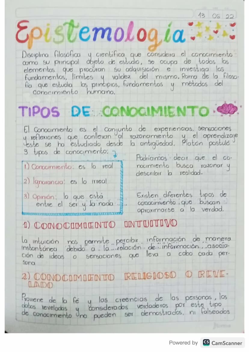 Epistemología.
13 06 22
Disciplina filosofica y cientifica, que considera el conocimiento
como su principal objeto de estudio, se ocupa de t