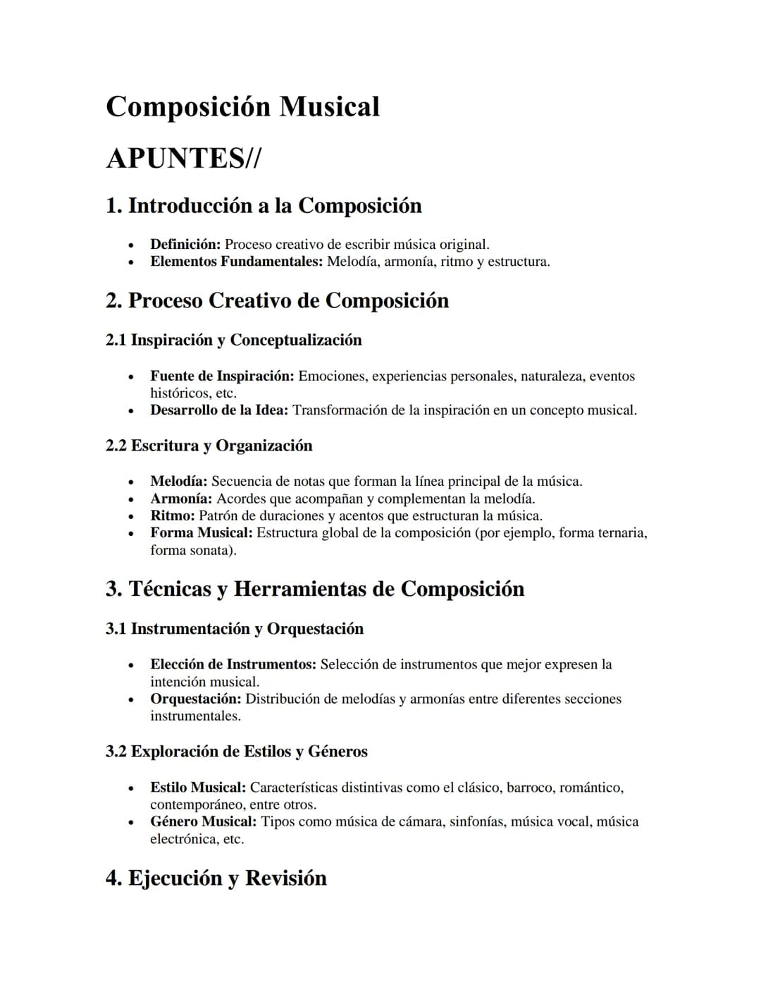 Composición Musical
APUNTES//
1. Introducción a la Composición
•
Definición: Proceso creativo de escribir música original.
•
Elementos Funda