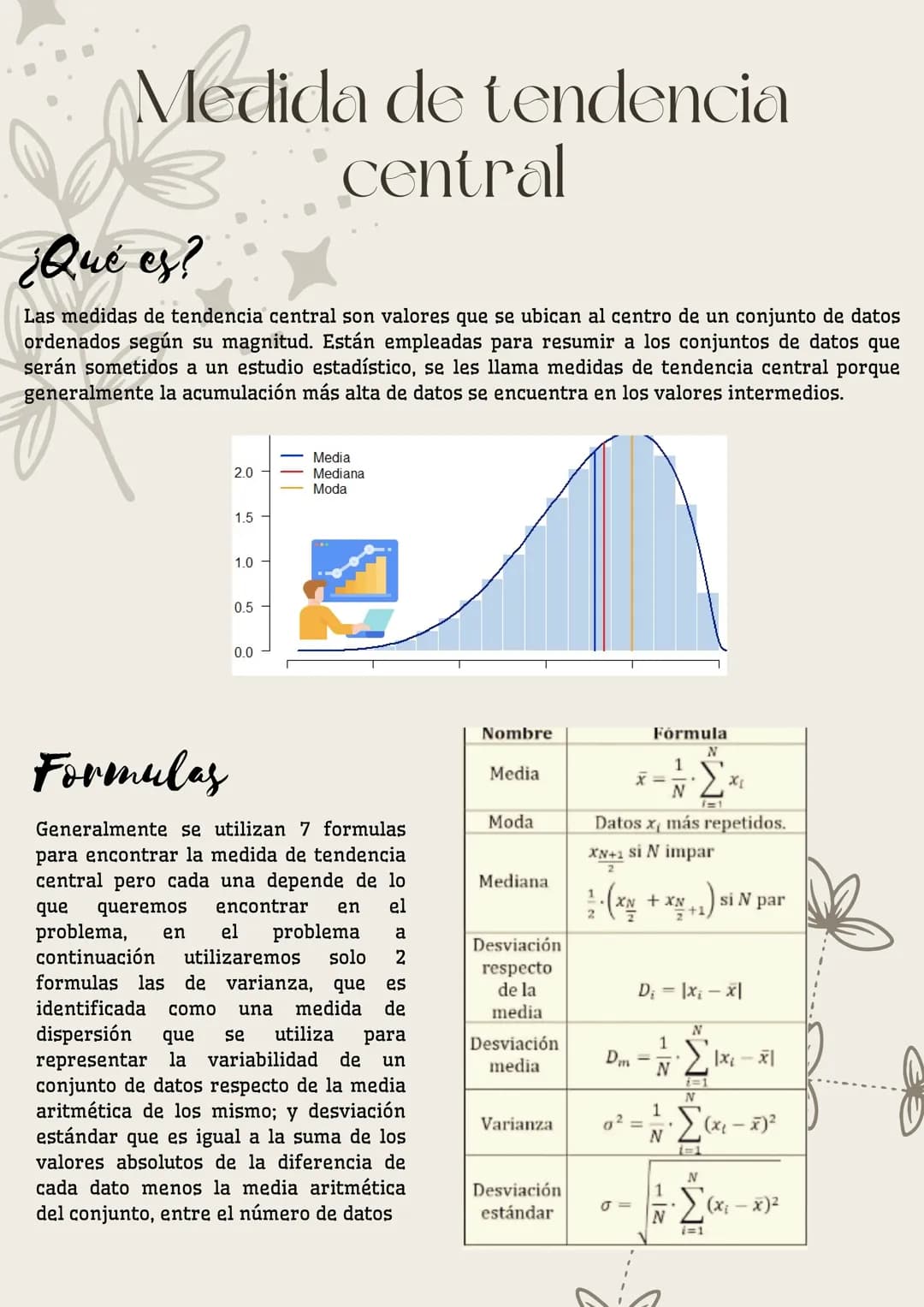 Medida de tendencia
central
¿Qué es?
Las medidas de tendencia central son valores que se ubican al centro de un conjunto de datos
ordenados 