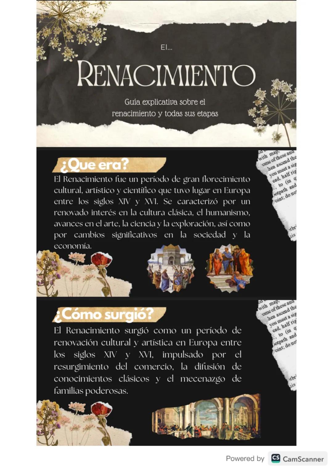 El...

# RENACIMIENTO

Guía explicativa sobre el
renacimiento y todas sus etapas

## ¿Que era?

El Renacimiento fue un período de gran flore