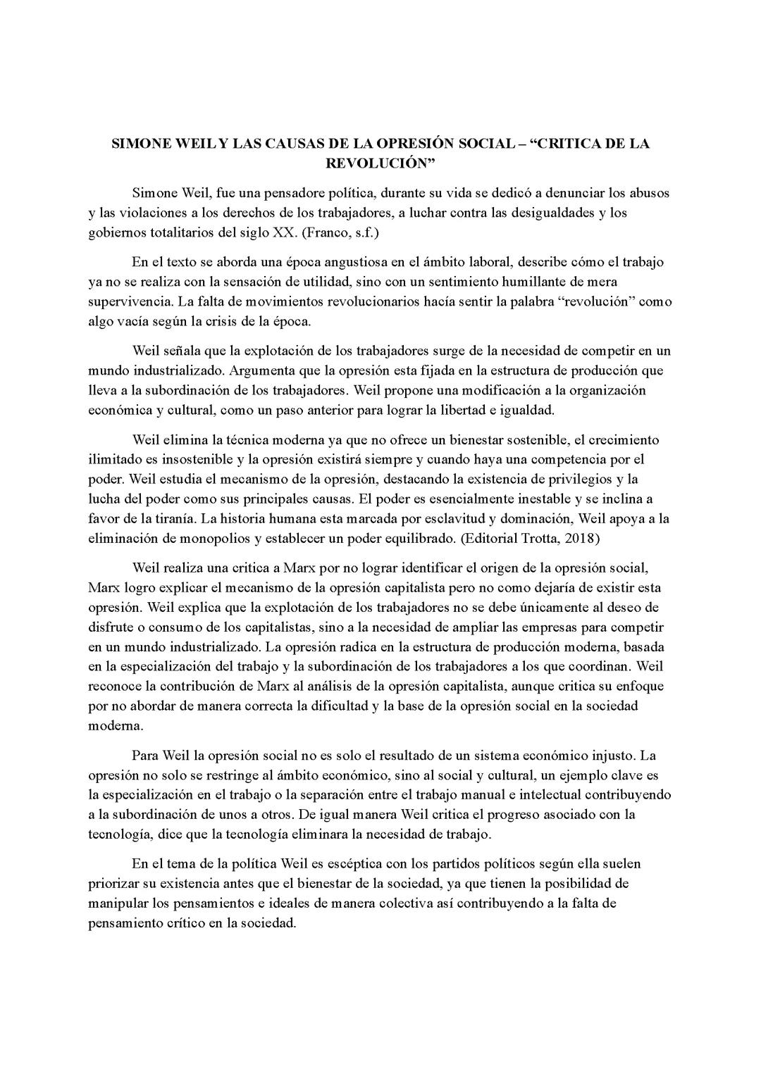 SIMONE WEIL Y LAS CAUSAS DE LA OPRESIÓN SOCIAL – “CRITICA DE LA  REVOLUCIÓN”