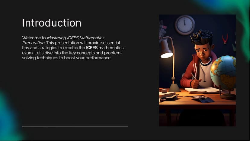 ☐
Mastering ICFES
Mathematics
Preparation Introduction
Welcome to Mastering ICFES Mathematics
Preparation. This presentation will provide es