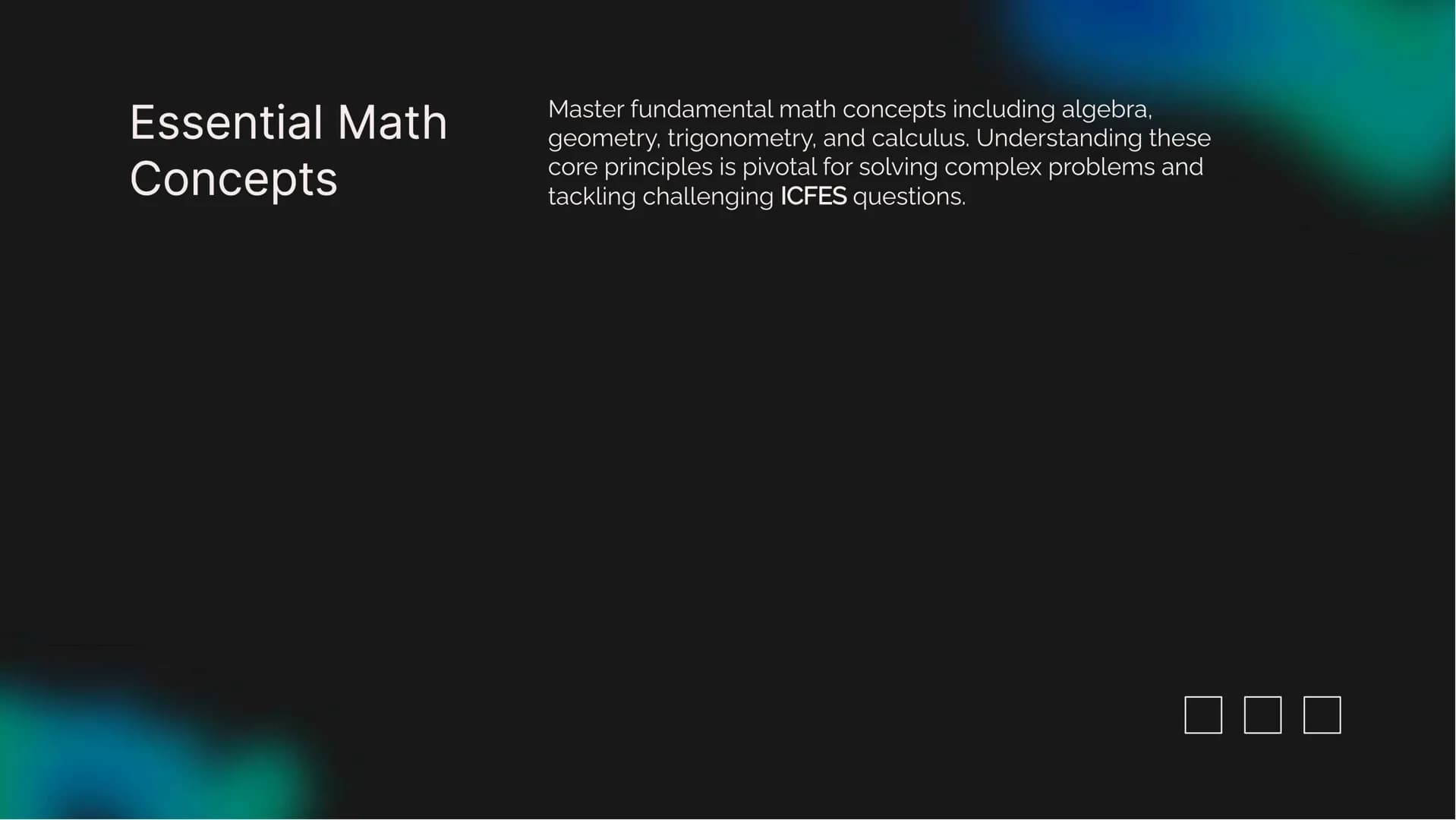 ☐
Mastering ICFES
Mathematics
Preparation Introduction
Welcome to Mastering ICFES Mathematics
Preparation. This presentation will provide es