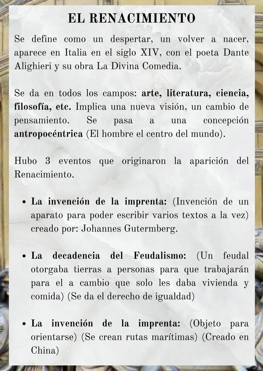 # EL RENACIMIENTO

Se define como un despertar, un volver a nacer,
aparece en Italia en el siglo XIV, con el poeta Dante
Alighieri y su obra