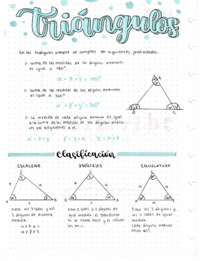 Vriangulas
En los triangulos siempre se cumplen las siguientes propiedades:
suma de las medidas de los ángulos interiores.
es igual a 180°.
