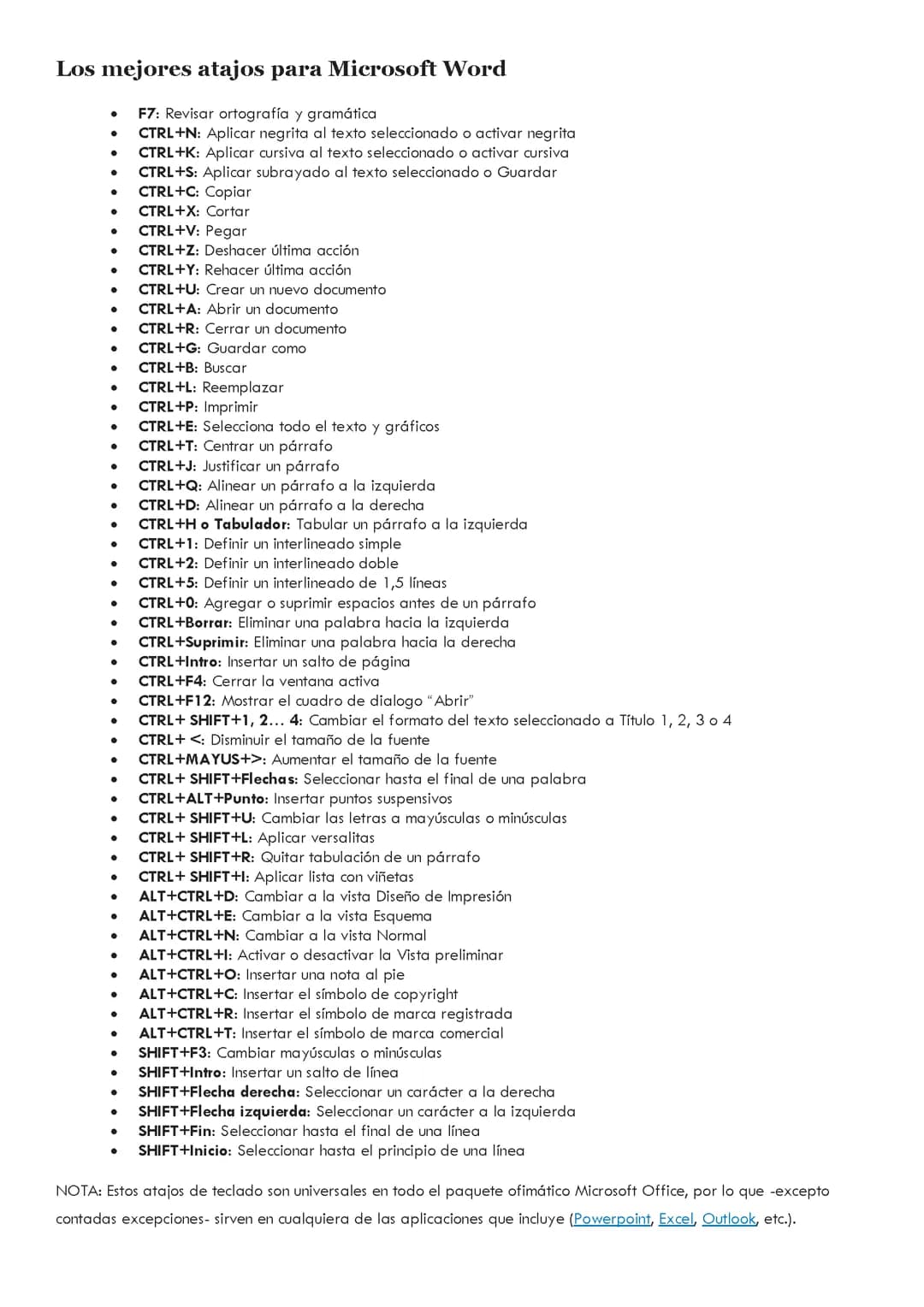 Atajos para teclado en Word 