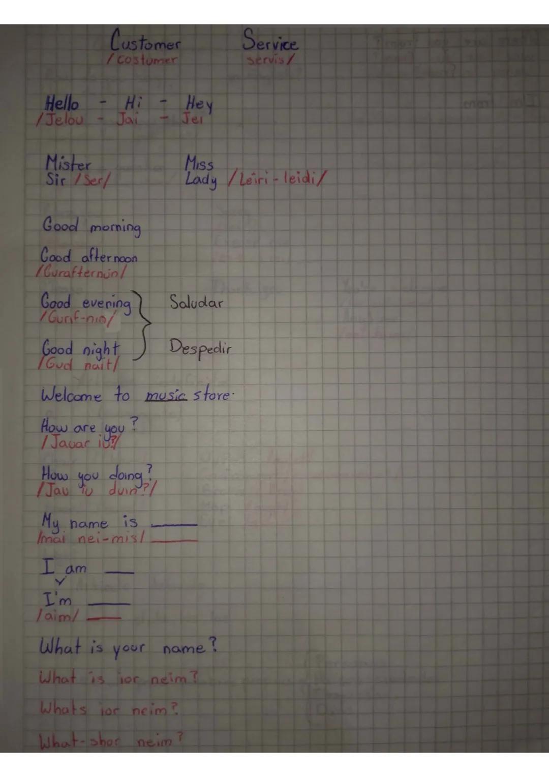 Customer
/Costumer
Service
servis/
Hello - Hi - Hey
/Jelou - Jovi - Jer
Mister
Sir/Ser/
Miss
Lady /Leiri-leidi/
Good morning
Good afternoon

