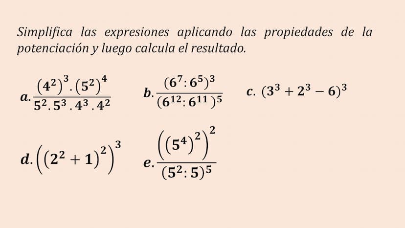 POTENCIACIÓN DE
NÚMEROS NATURALES
EJERCICIOS 1. aman = am+n
PROPIEDADES DE LA POTENCIACIÓN
am
5. — = a": a" = am-n
an
2. (am)n = am.n
6. a =