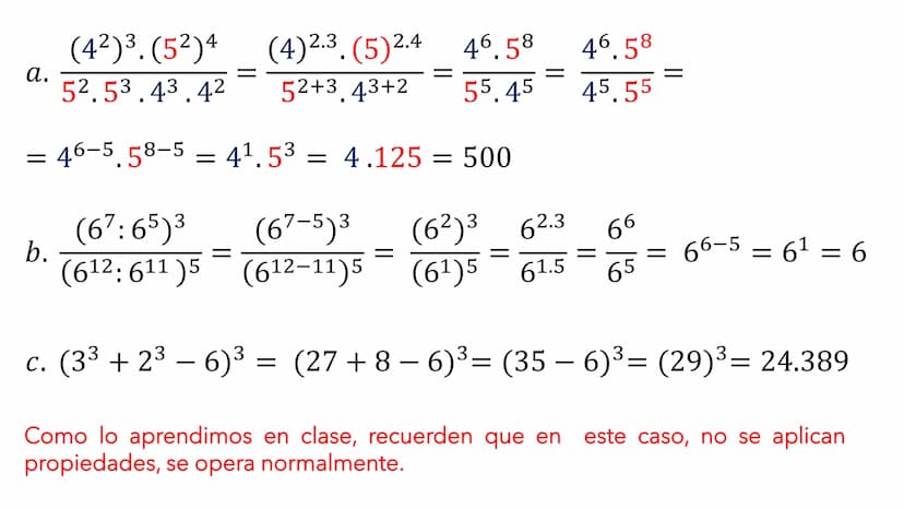 POTENCIACIÓN DE
NÚMEROS NATURALES
EJERCICIOS 1. aman = am+n
PROPIEDADES DE LA POTENCIACIÓN
am
5. — = a": a" = am-n
an
2. (am)n = am.n
6. a =