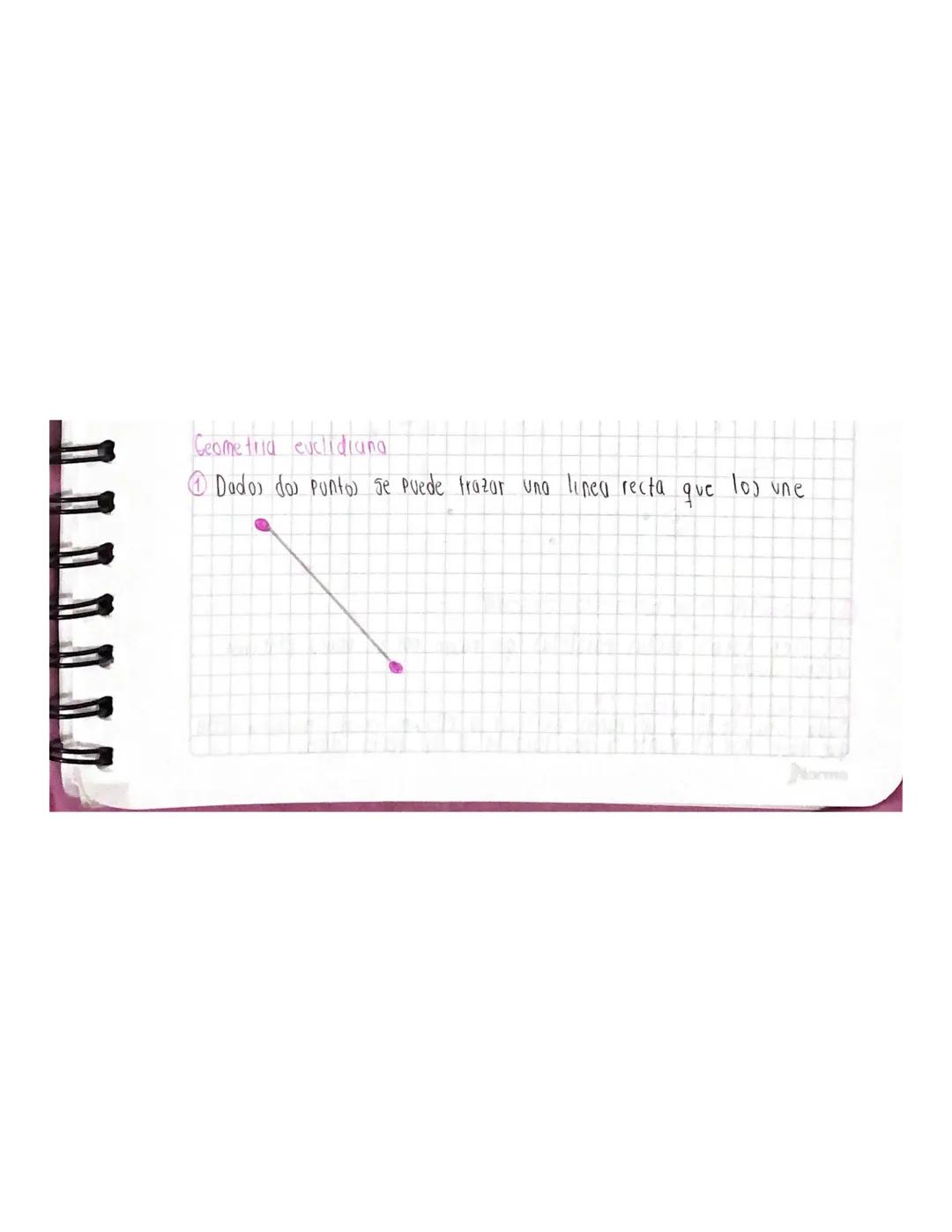 Geometria euclidiana

Dados dos puntos se puede frazar una linea recta que los une

Norme Cualquier segmento puede prologarse de manera cont