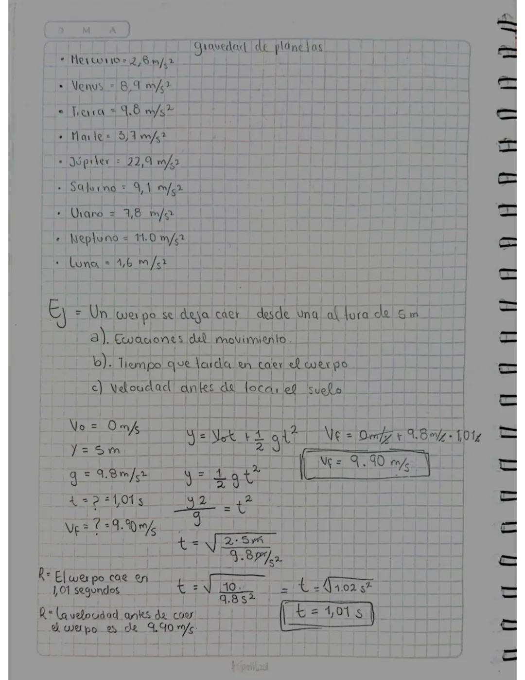 CADA

D
M
A
aceleración
A
a = gravedad

X (distancia) = y = h(altura.

$g = \frac{Vf - Vo}{t}$  $VF = Vo + gt$

$t = \frac{VF-Vo}{g}$  $Vo =