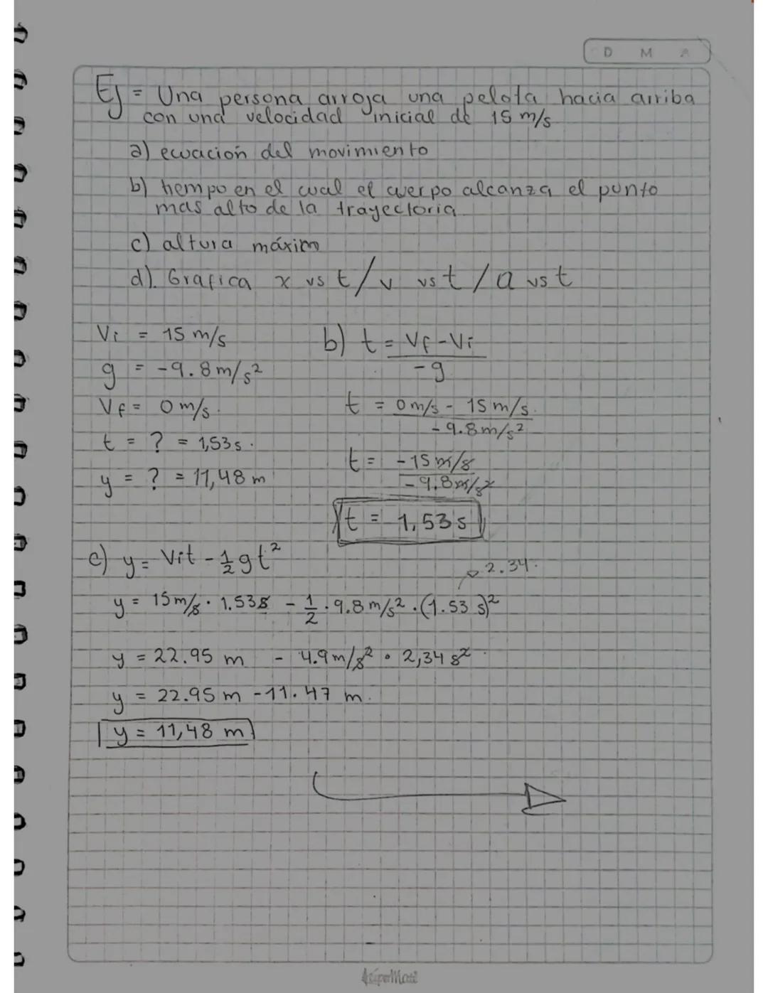 CADA

D
M
A
aceleración
A
a = gravedad

X (distancia) = y = h(altura.

$g = \frac{Vf - Vo}{t}$  $VF = Vo + gt$

$t = \frac{VF-Vo}{g}$  $Vo =
