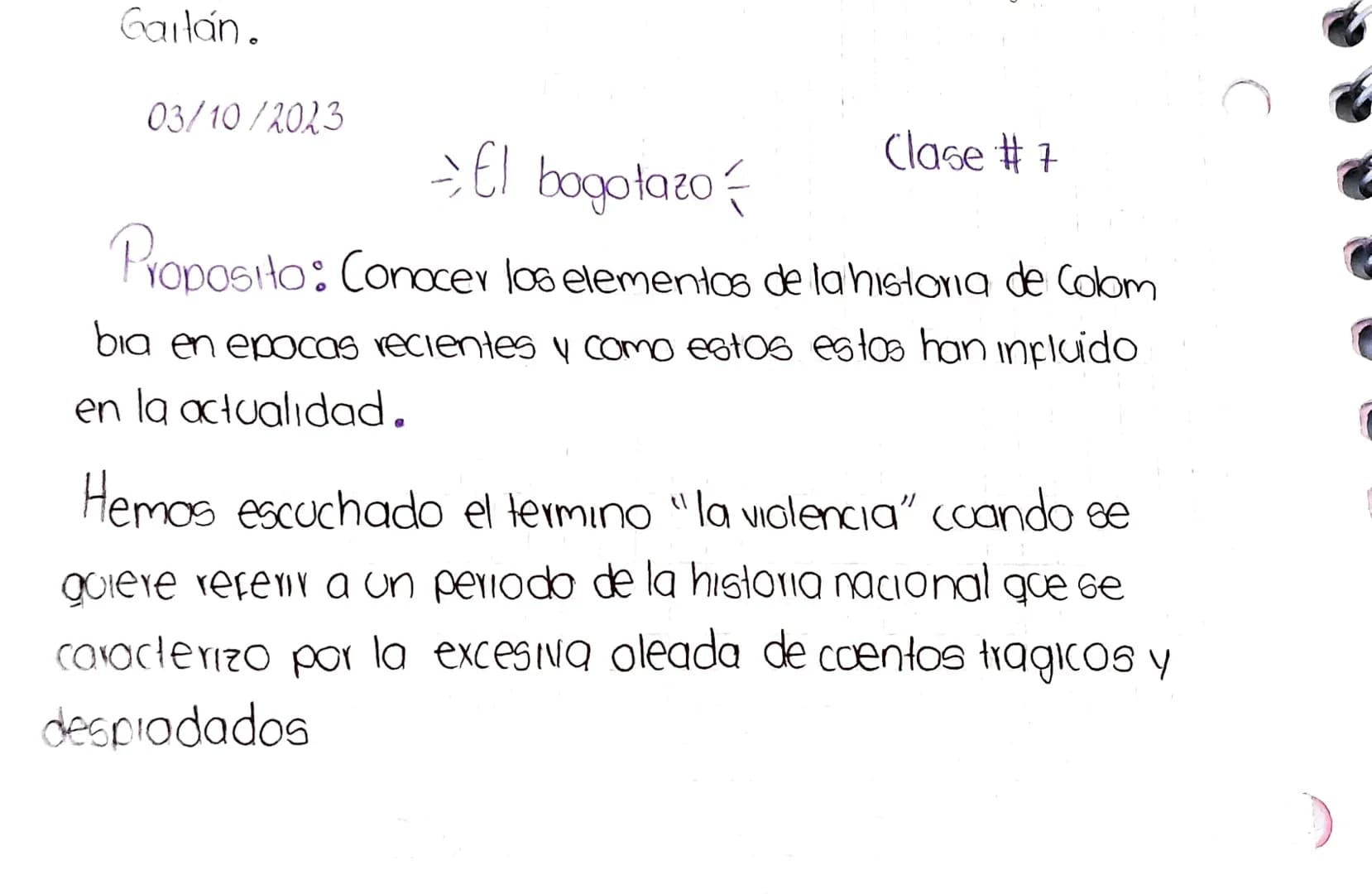 Gaitán.
03/10/2023
>> El bogotazo =
Clase # 7
Proposito: Conocer los elementos de la historia de Colom
bia en epocas recientes y como estos 