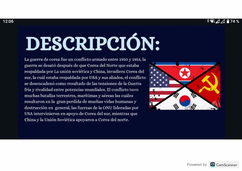 12:06
DESCRIPCIÓN:
La guerra de corea fue un conflicto armado entre 1950 y 1953, la
guerra se desató después de que Corea del Norte que esta