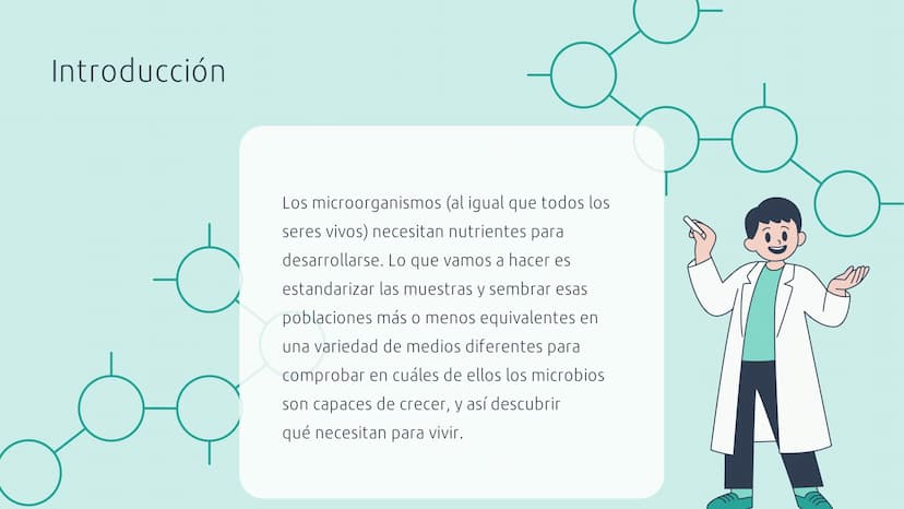 о
CULTIVO DE
MICROORGANISMOS
10 Introducción
Los microorganismos (al igual que todos los
seres vivos) necesitan nutrientes para
desarrollars