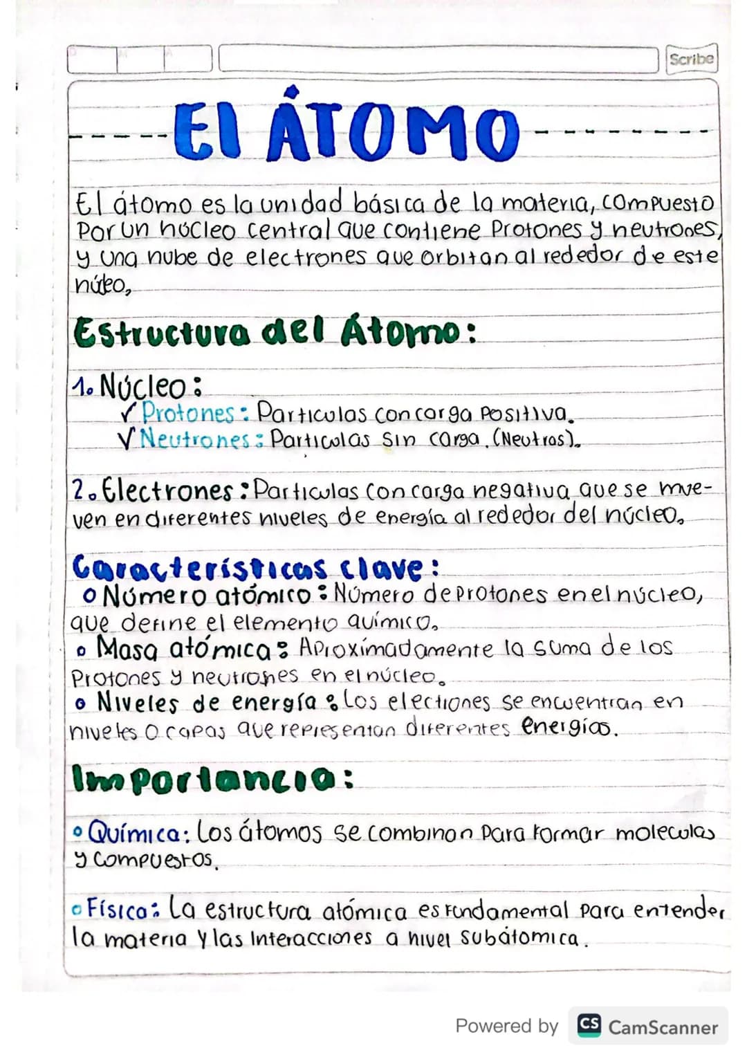 Scribe
EI ÁTOMO
El átomo es la unidad básica de la materia, compuesto
Por un núcleo central que contiene Protones y neutrones,
y una nube de