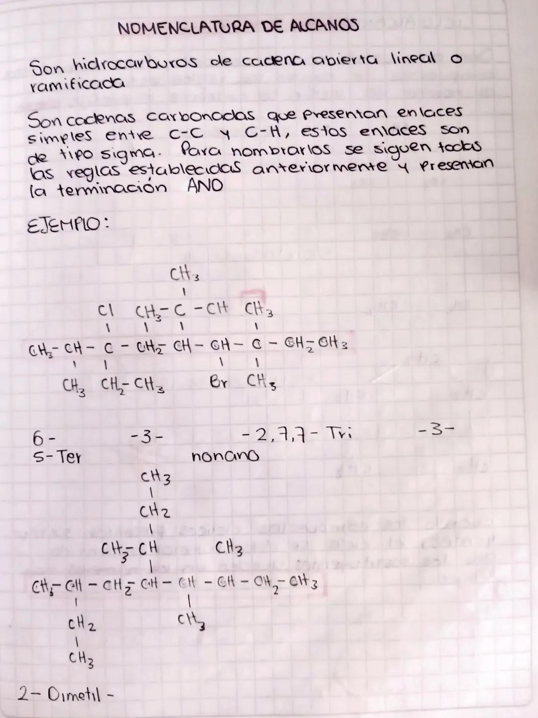 NOMENCLATURA DE ALCANOS
Son hidrocarburos de cadena abierta lineal o
ramificada
Son cadenas carbonadas que presentan enlaces
simples entre C