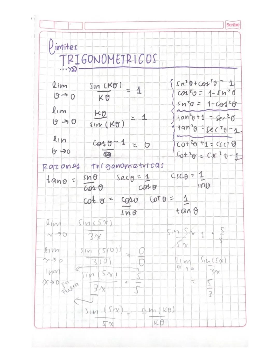 # limites
TRIGONOMETRICOS
٠٠٠
Scribe
Lim
$
\theta\rightarrow 0
$
$
\frac{Sin (K\Theta)}{K\Theta} = 1
$
lim
$
\theta\rightarrow 0
$
$
\frac{K