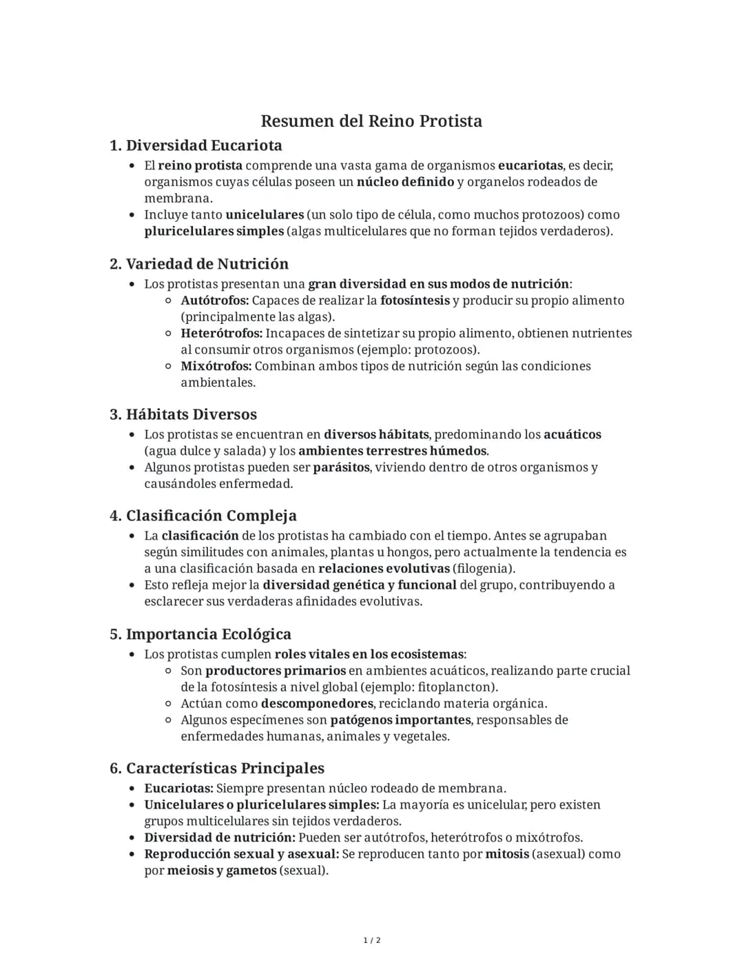 Resumen del Reino Protista
1. Diversidad Eucariota
• El reino protista comprende una vasta gama de organismos eucariotas, es decir,
organism