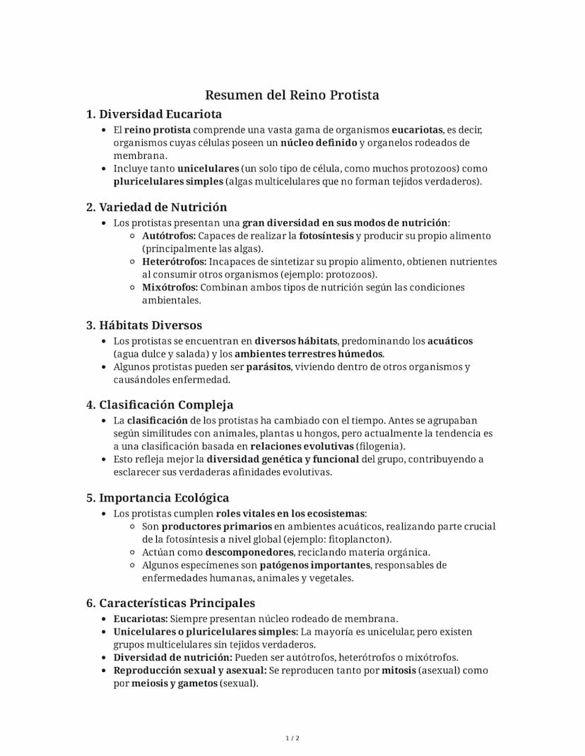 Resumen del Reino Protista
1. Diversidad Eucariota
• El reino protista comprende una vasta gama de organismos eucariotas, es decir,
organism