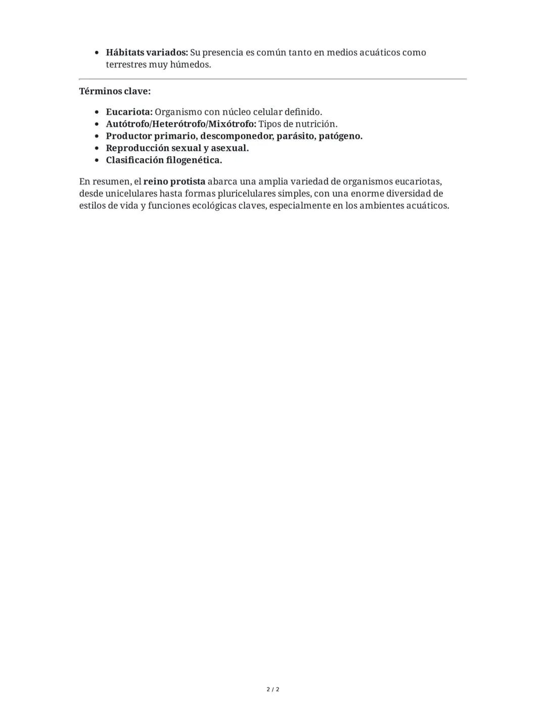 Resumen del Reino Protista
1. Diversidad Eucariota
• El reino protista comprende una vasta gama de organismos eucariotas, es decir,
organism