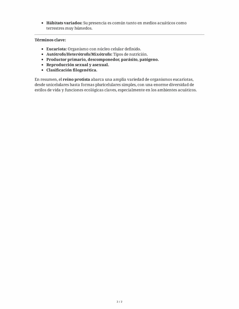 Resumen del Reino Protista
1. Diversidad Eucariota
• El reino protista comprende una vasta gama de organismos eucariotas, es decir,
organism
