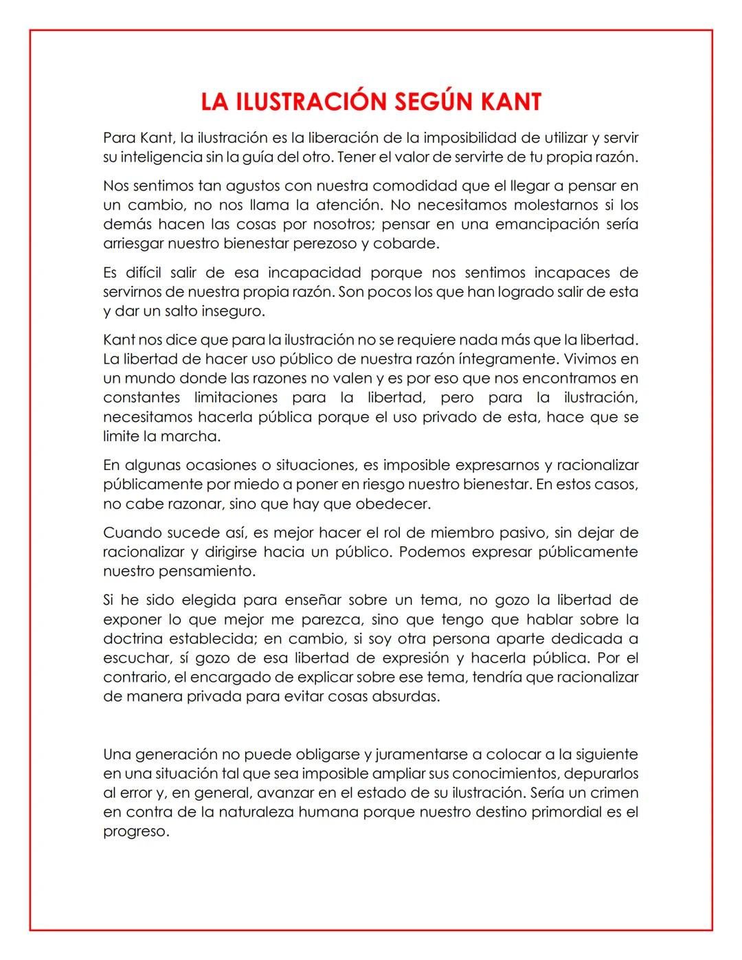 LA ILUSTRACIÓN SEGÚN KANT
Para Kant, la ilustración es la liberación de la imposibilidad de utilizar y servir
su inteligencia sin la guía de