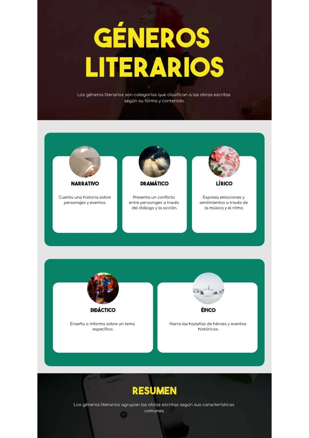 GÉNEROS
LITERARIOS
Los géneros literarios son categorías que clasifican a las obras escritas
según su forma y contenido.
NARRATIVO
Cuenta un