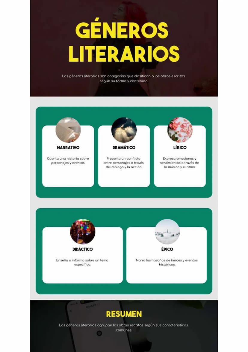GÉNEROS
LITERARIOS
Los géneros literarios son categorías que clasifican a las obras escritas
según su forma y contenido.
NARRATIVO
Cuenta un