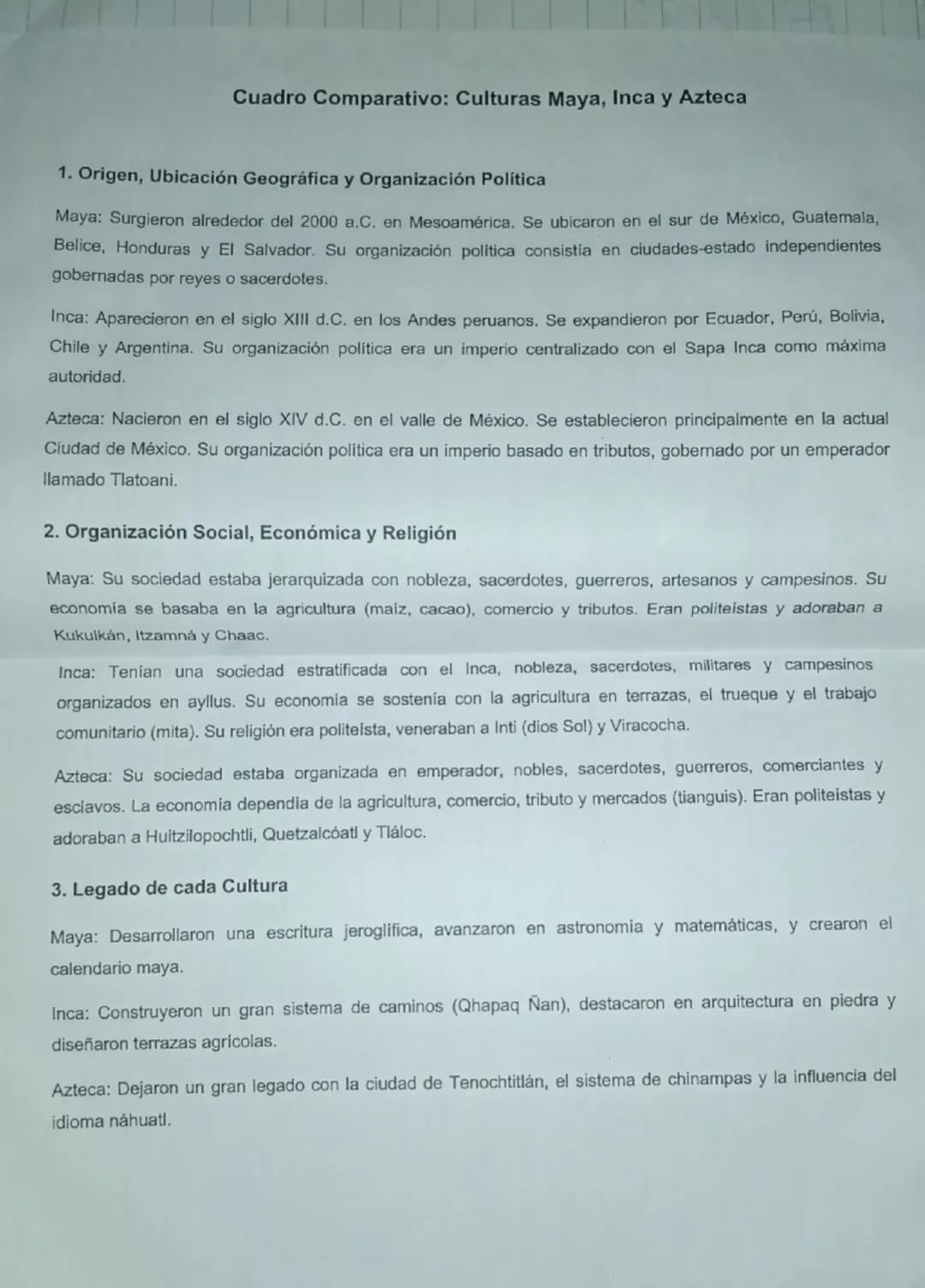 Comparación entre las Culturas Maya, Inca y Azteca