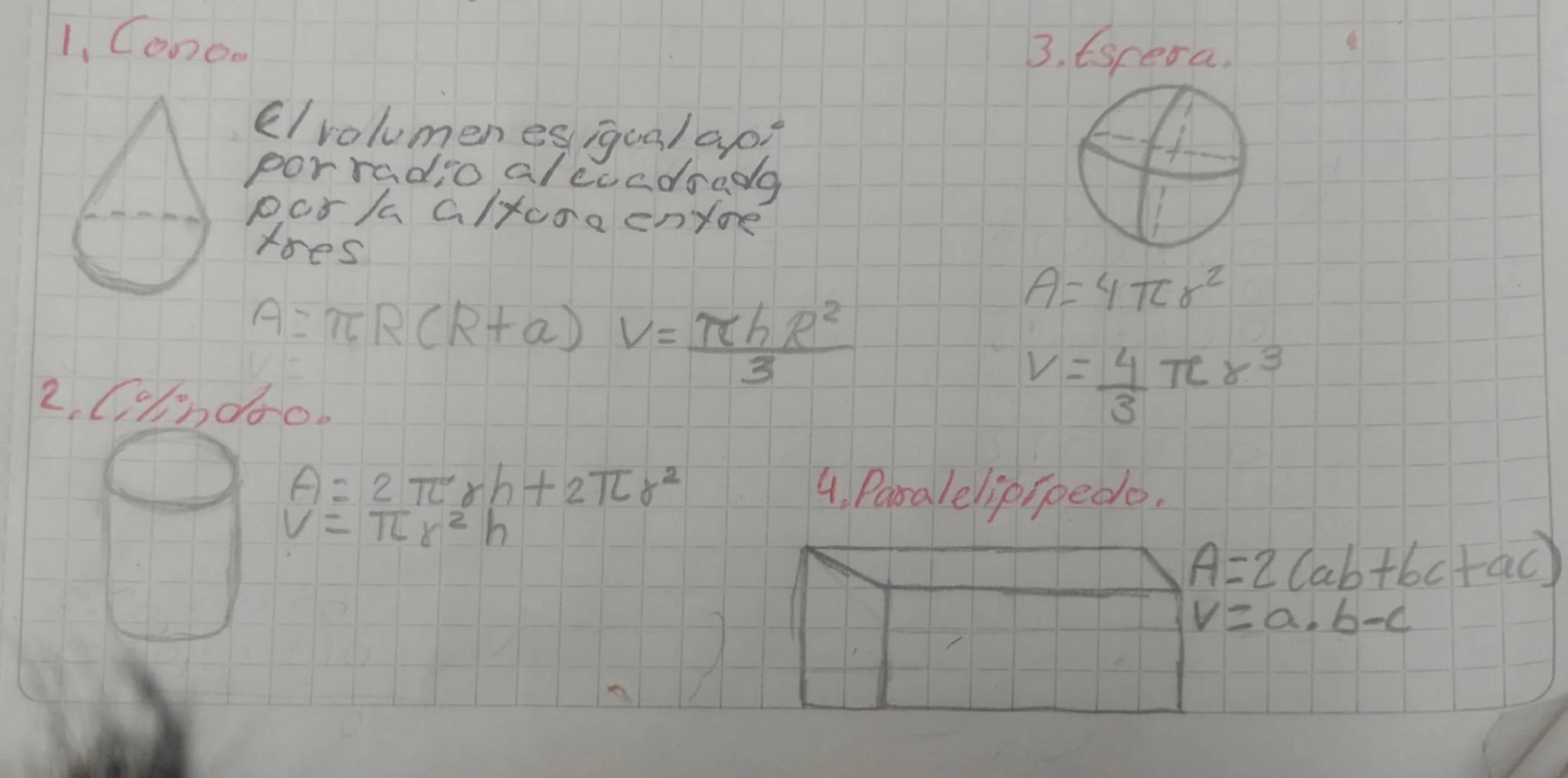 1. Conoo

El volumen es igual api
porradio al cuadradg
por la altora entré
tres

A=TR(R+a) v=chR

2. Cilindro.

A=2rh+2Tㄸ γ²
V=L2h

3. Esper