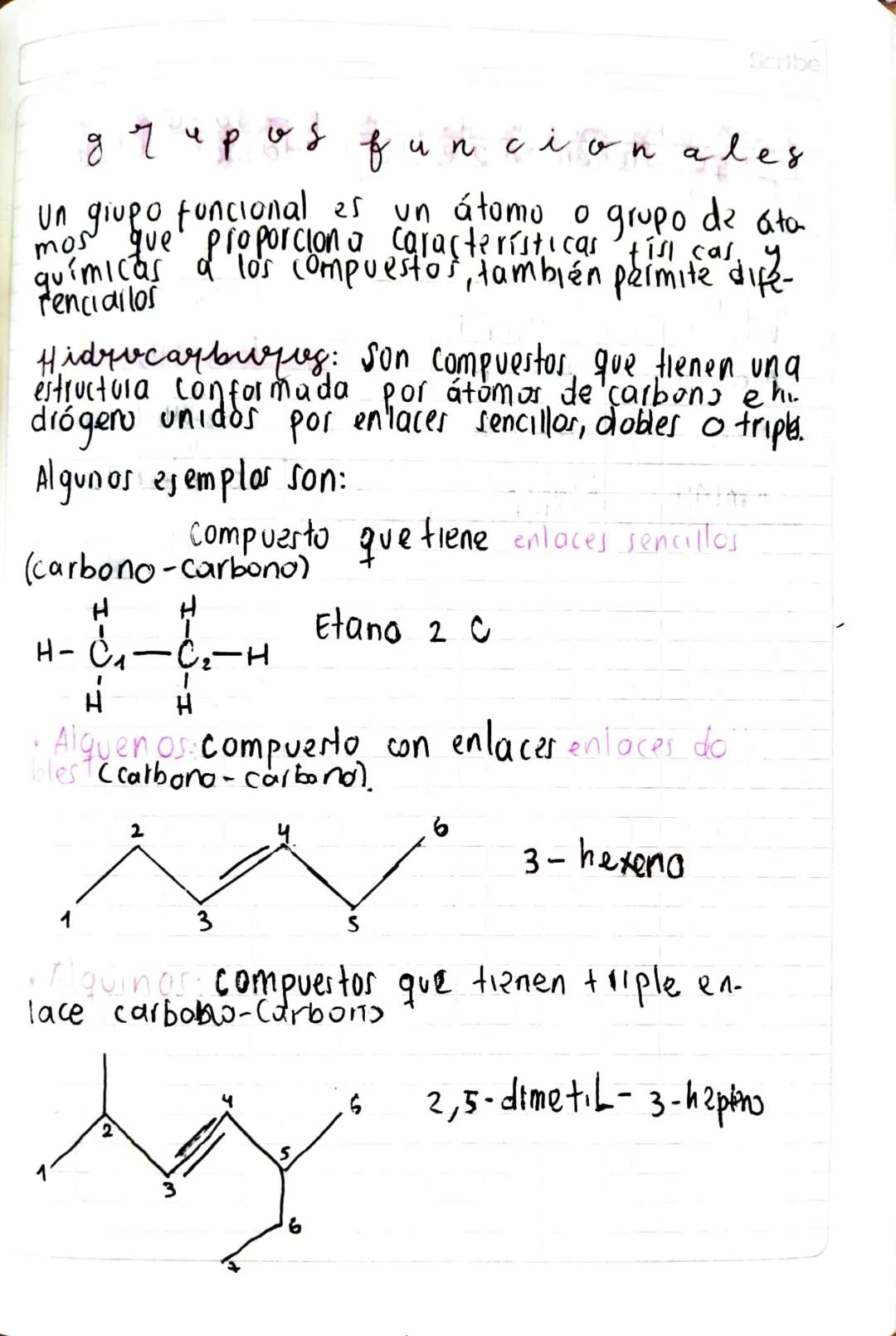 Scribe
g 7 u p o s f u ncionales
Un grupo funcional es un átomo o grupo de ata
mos que proporcion a características tisl cas,
químicas a los