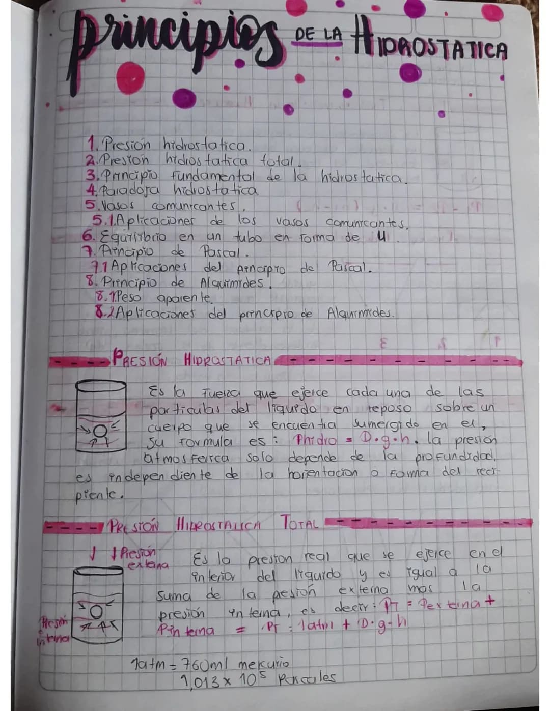 principles
DE LA
HIPROSTATICA
G
1. Presión hidrostatica.
2. Presion hidrostatica total.
3.Principio fundamental de la hidrostatica.
4.Parado